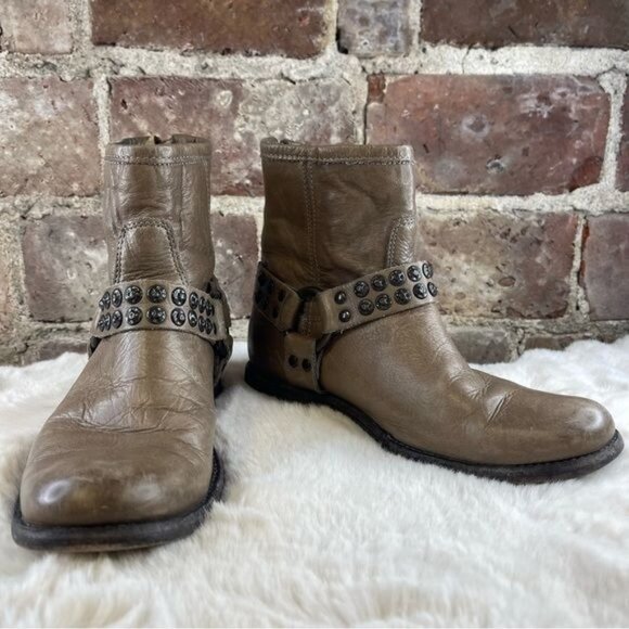 Frye Women's Phillip Brown / Taupe Leather Studded Harness Boots Sz 6 - Picture 2 of 10